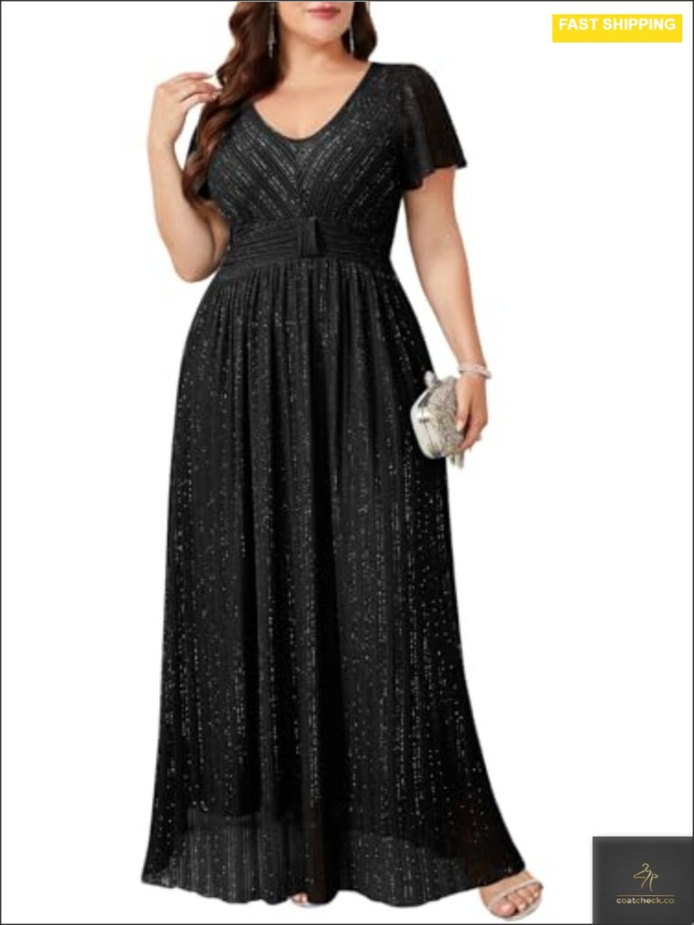 Sparkly Lace Formal Maxi Dress Plus Size V-Neck A-Line Evening Gown